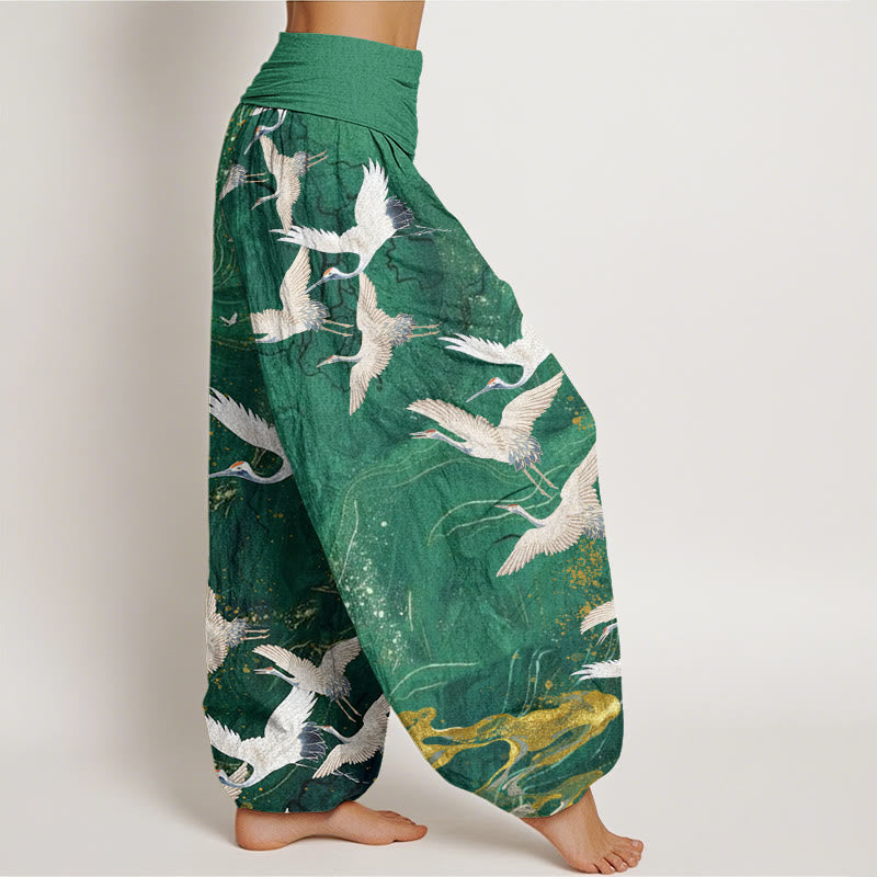 Cotton Flying White Cranes Auspicious Clouds Design Women's Elastic Waist Harem Pants