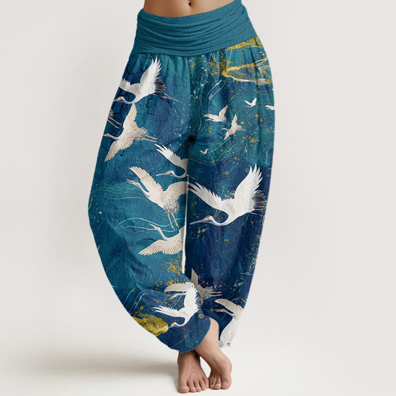 Cotton Flying White Cranes Auspicious Clouds Design Women's Elastic Waist Harem Pants