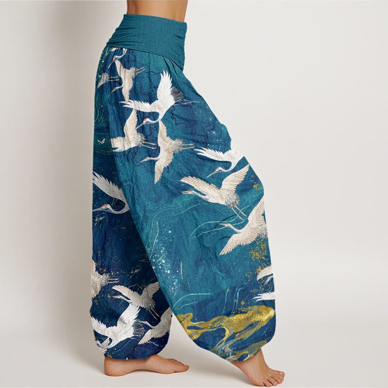 Cotton Flying White Cranes Auspicious Clouds Design Women's Elastic Waist Harem Pants