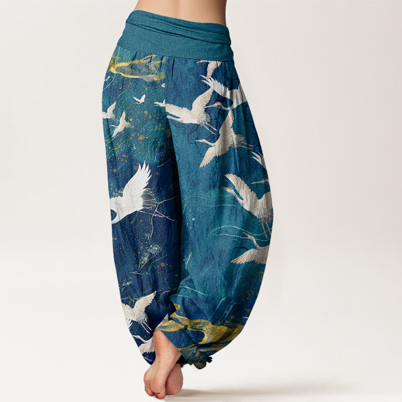 Cotton Flying White Cranes Auspicious Clouds Design Women's Elastic Waist Harem Pants