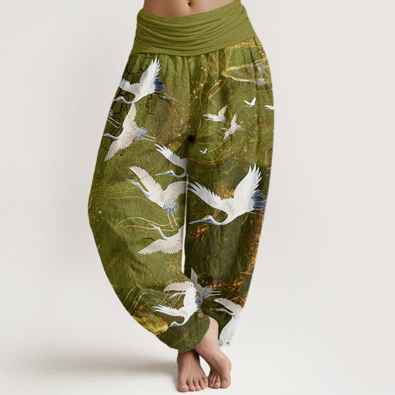 Cotton Flying White Cranes Auspicious Clouds Design Women's Elastic Waist Harem Pants