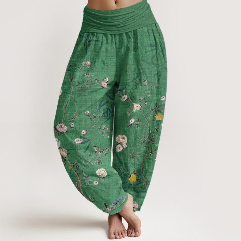 Cotton Pink White Flowers Bamboo Leaves Fruits Design Women's Elastic Waist Harem Pants