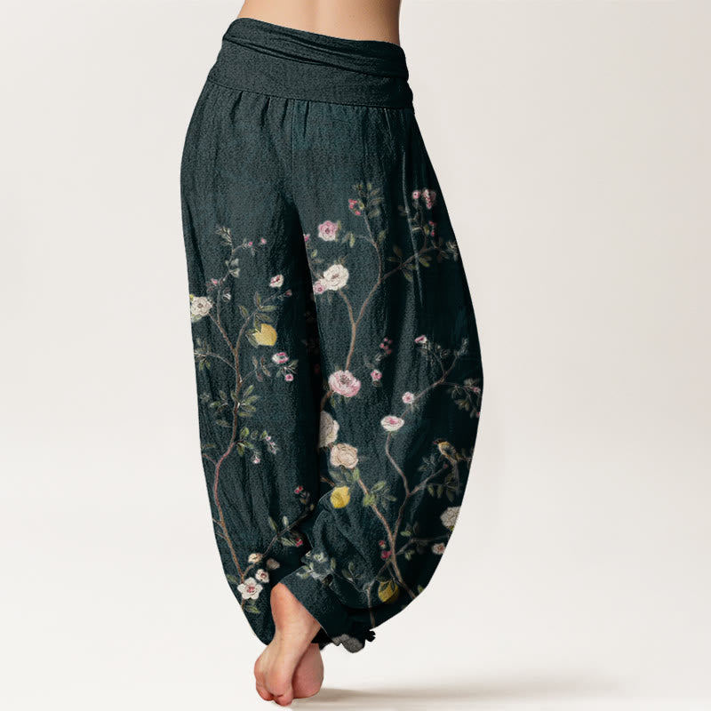 Cotton Pink White Flowers Bamboo Leaves Fruits Design Women's Elastic Waist Harem Pants