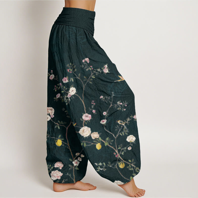 Cotton Pink White Flowers Bamboo Leaves Fruits Design Women's Elastic Waist Harem Pants