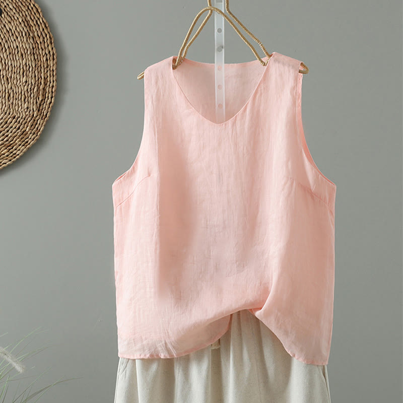 Vintage Pure Color V-Neck Cotton Sleeveless Women's Vest Waistcoat