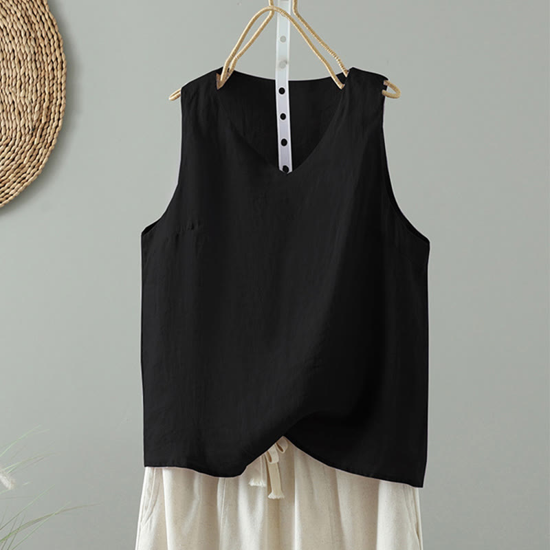 Vintage Pure Color V-Neck Cotton Sleeveless Women's Vest Waistcoat