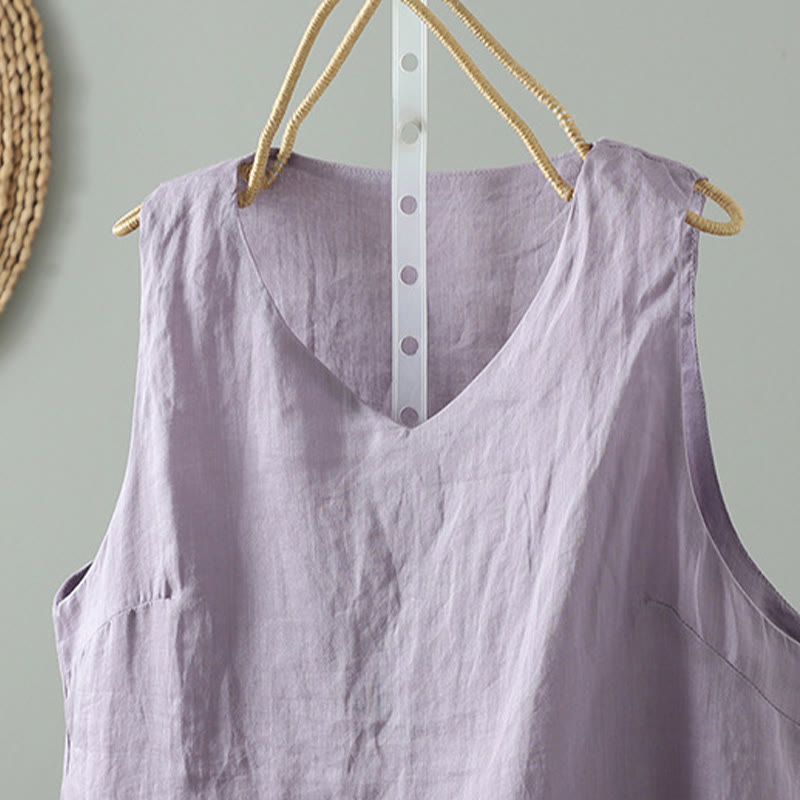 Vintage Pure Color V-Neck Cotton Sleeveless Women's Vest Waistcoat