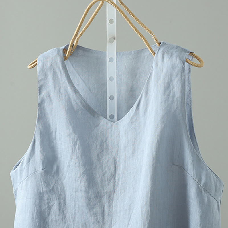 Vintage Pure Color V-Neck Cotton Sleeveless Women's Vest Waistcoat