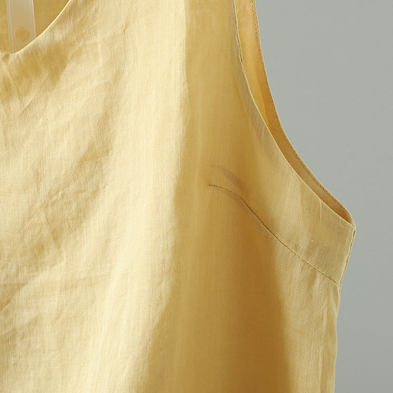 Vintage Pure Color V-Neck Cotton Sleeveless Women's Vest Waistcoat