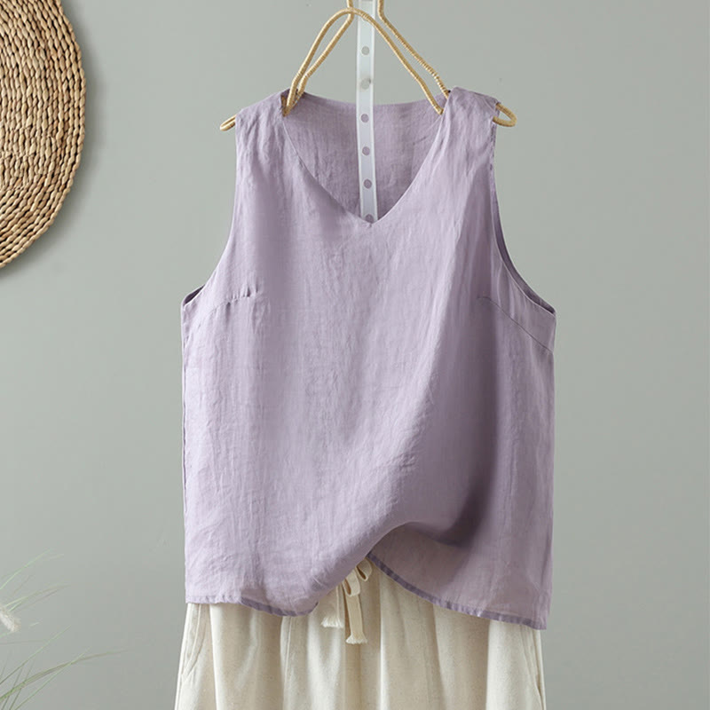 Vintage Pure Color V-Neck Cotton Sleeveless Women's Vest Waistcoat