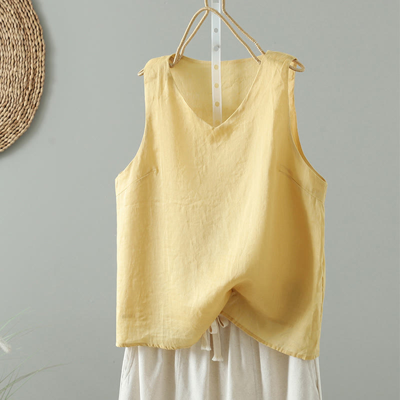 Vintage Pure Color V-Neck Cotton Sleeveless Women's Vest Waistcoat