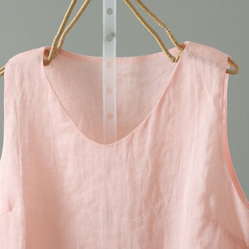Vintage Pure Color V-Neck Cotton Sleeveless Women's Vest Waistcoat