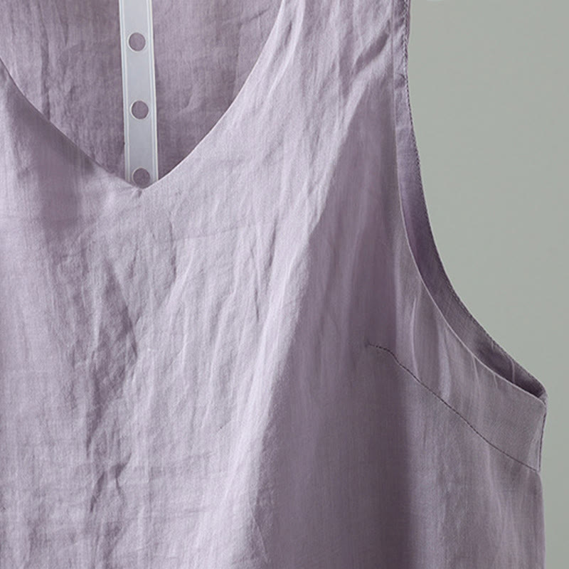 Vintage Pure Color V-Neck Cotton Sleeveless Women's Vest Waistcoat