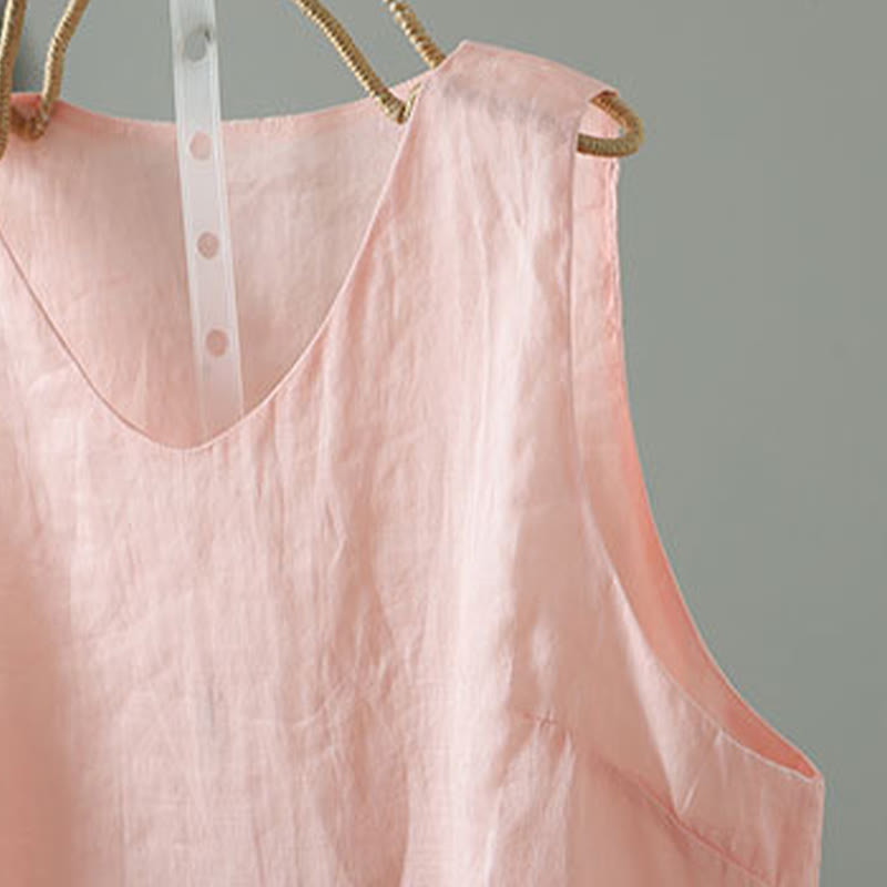 Vintage Pure Color V-Neck Cotton Sleeveless Women's Vest Waistcoat