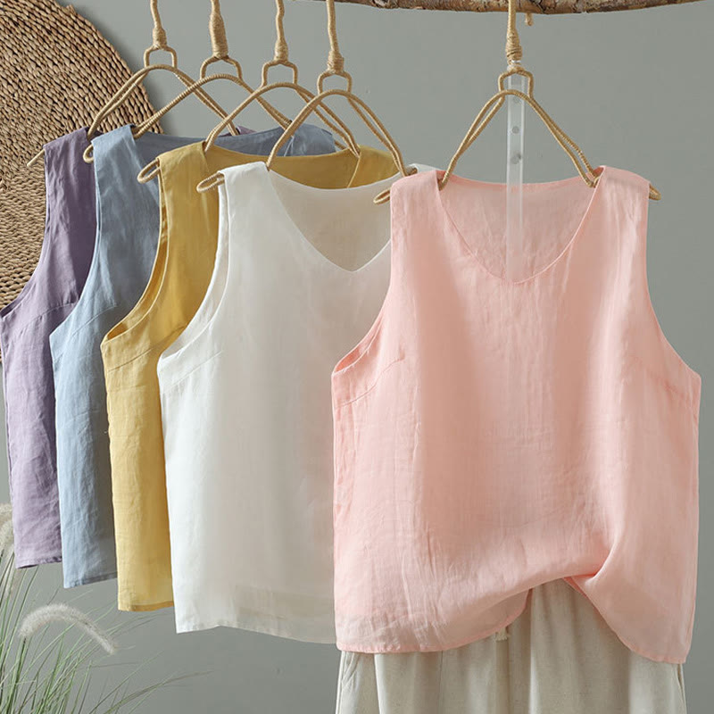 Vintage Pure Color V-Neck Cotton Sleeveless Women's Vest Waistcoat