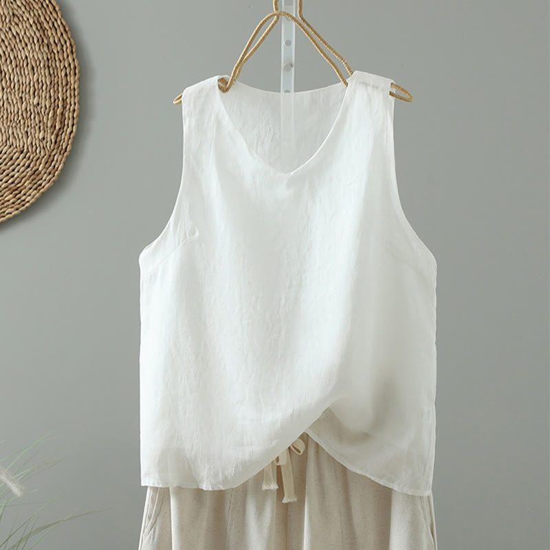 Vintage Pure Color V-Neck Cotton Sleeveless Women's Vest Waistcoat