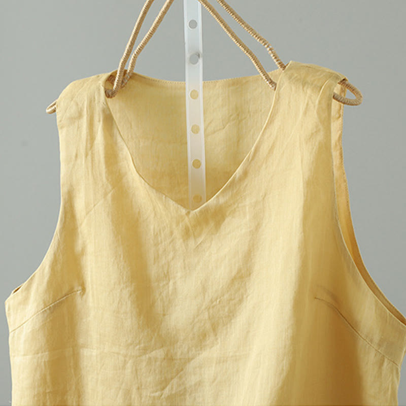 Vintage Pure Color V-Neck Cotton Sleeveless Women's Vest Waistcoat