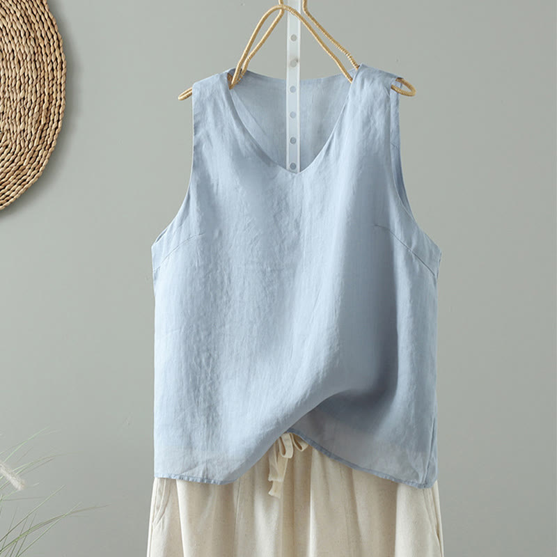 Vintage Pure Color V-Neck Cotton Sleeveless Women's Vest Waistcoat