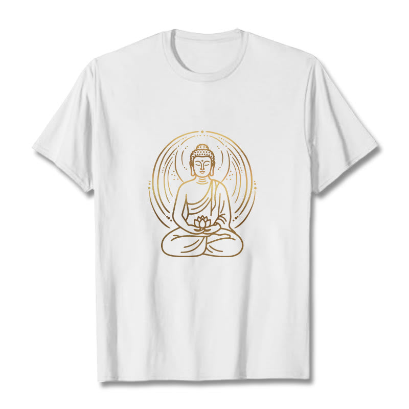 Golden Meditation Buddha Halo Holding A Lotus Flower Tee T-shirt