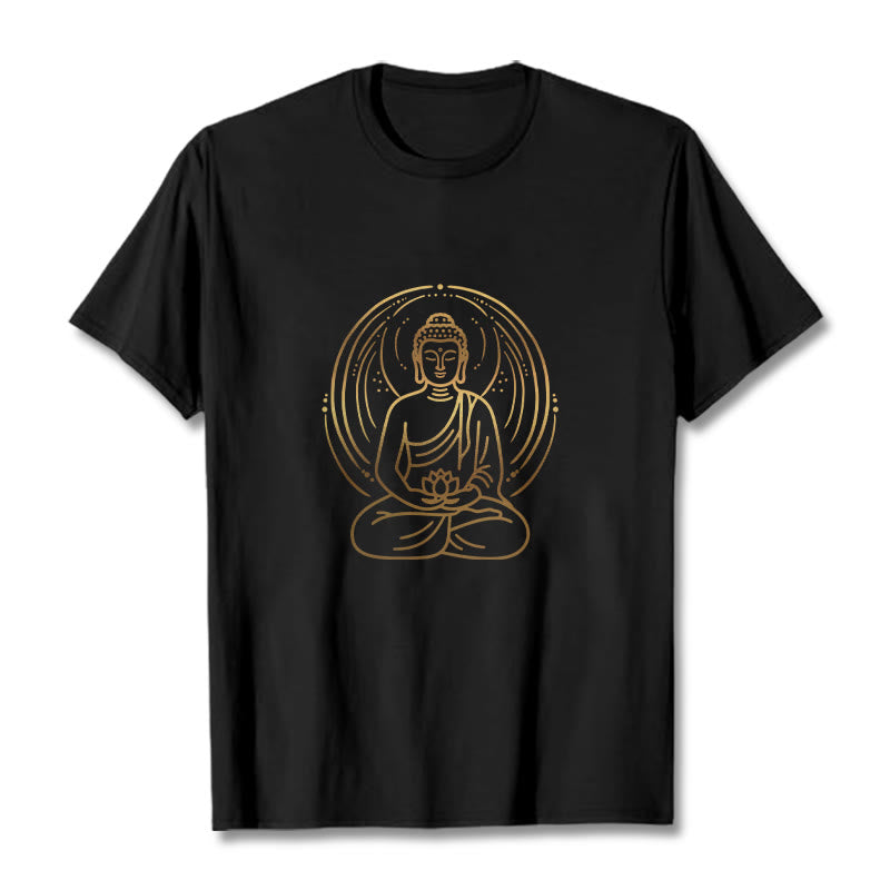 Golden Meditation Buddha Halo Holding A Lotus Flower Tee T-shirt