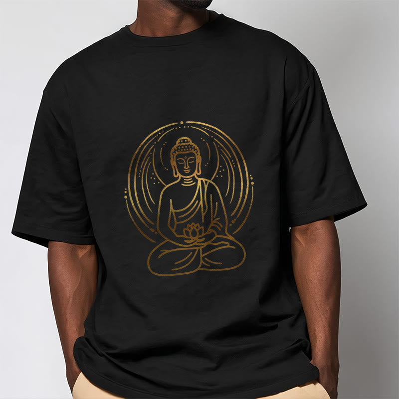 Golden Meditation Buddha Halo Holding A Lotus Flower Tee T-shirt
