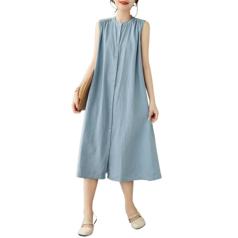 Cotton Linen Pleated Sleeveless Meditation Midi Dress