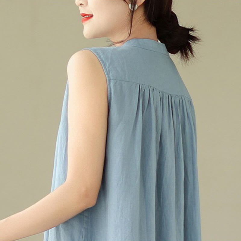 Cotton Linen Pleated Sleeveless Meditation Midi Dress