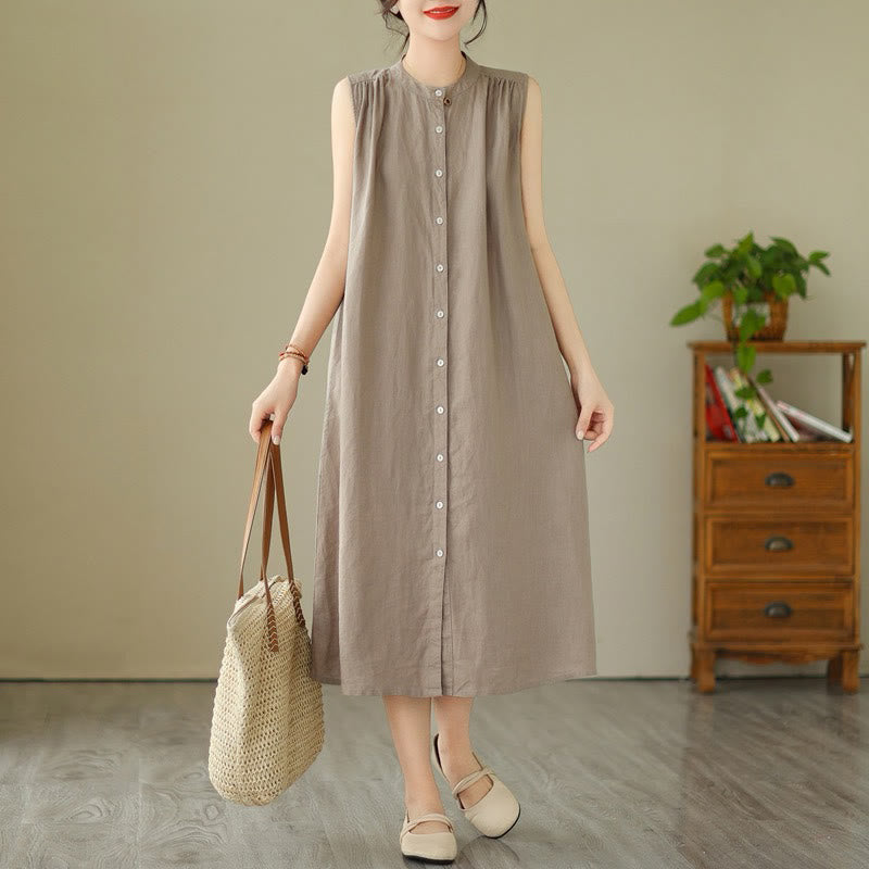 Cotton Linen Pleated Sleeveless Meditation Midi Dress