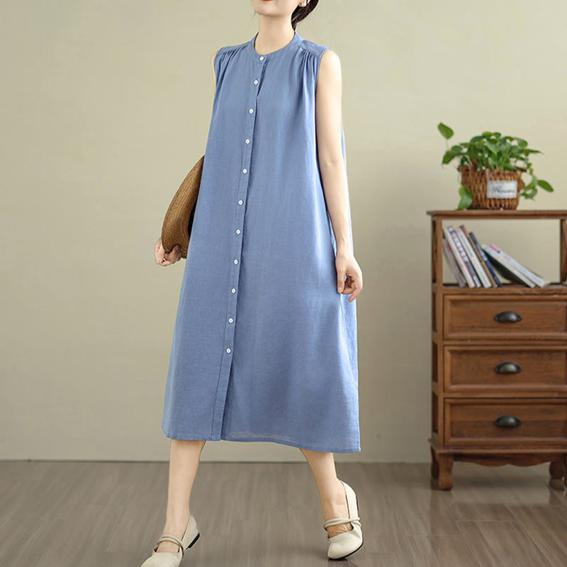 Cotton Linen Pleated Sleeveless Meditation Midi Dress