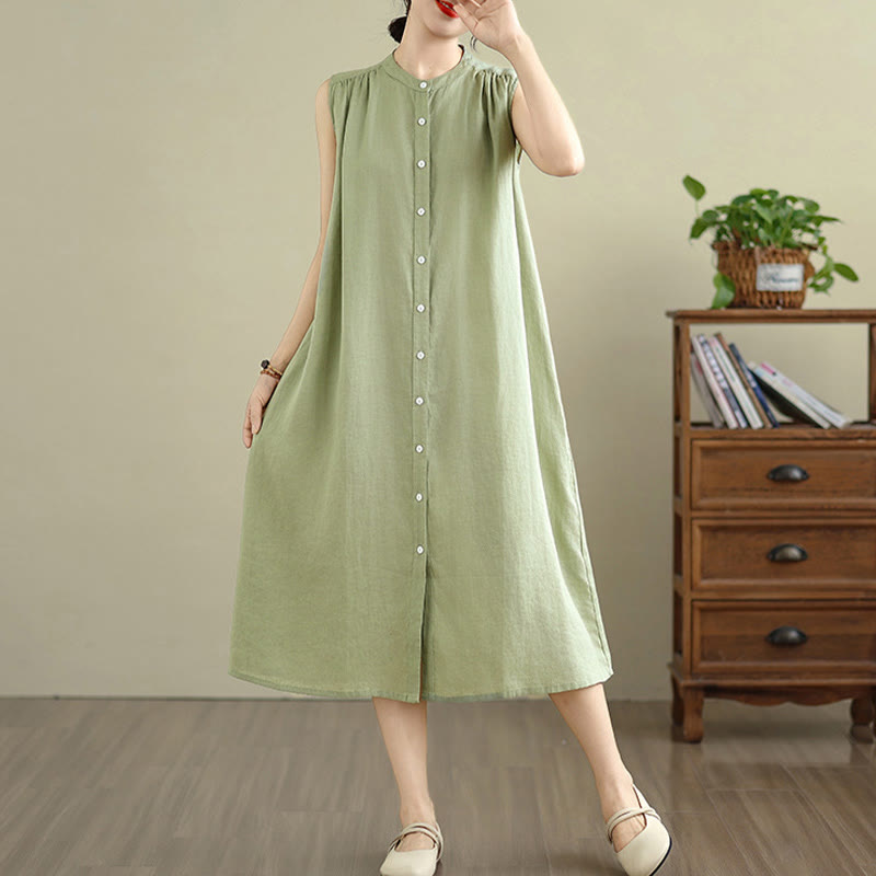 Cotton Linen Pleated Sleeveless Meditation Midi Dress