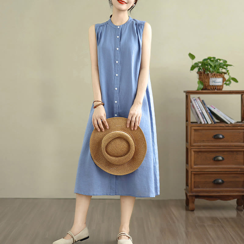 Cotton Linen Pleated Sleeveless Meditation Midi Dress