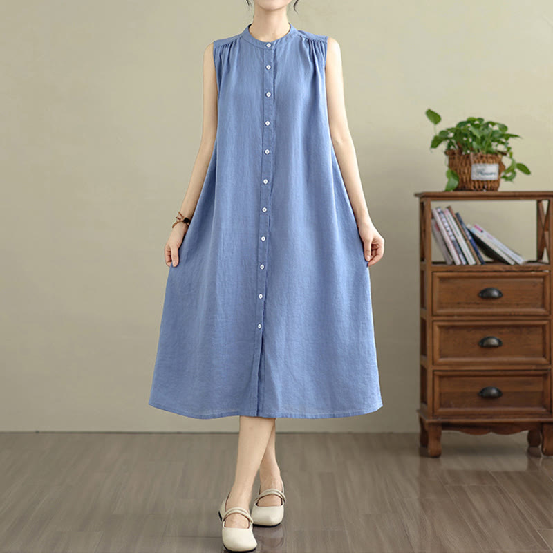Cotton Linen Pleated Sleeveless Meditation Midi Dress