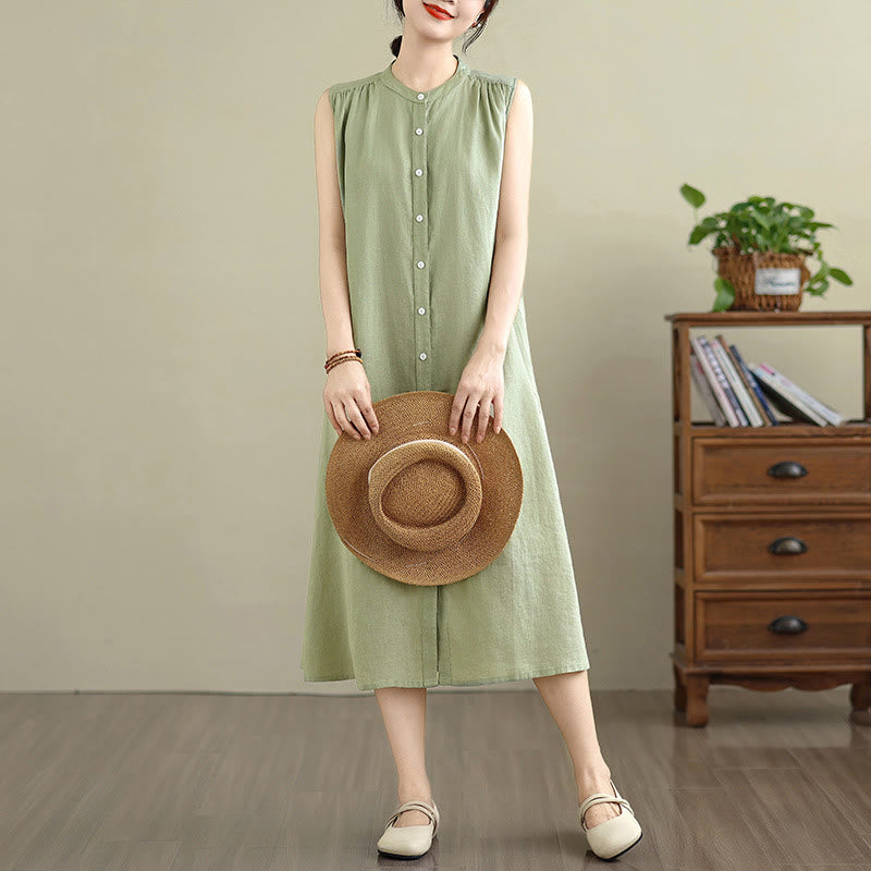 Cotton Linen Pleated Sleeveless Meditation Midi Dress