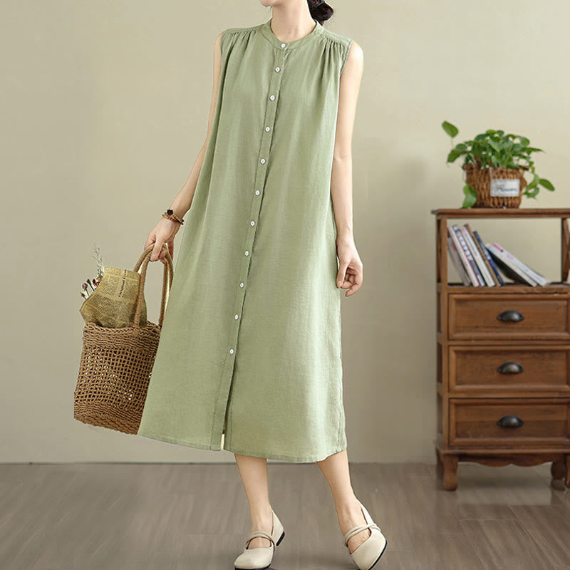 Cotton Linen Pleated Sleeveless Meditation Midi Dress