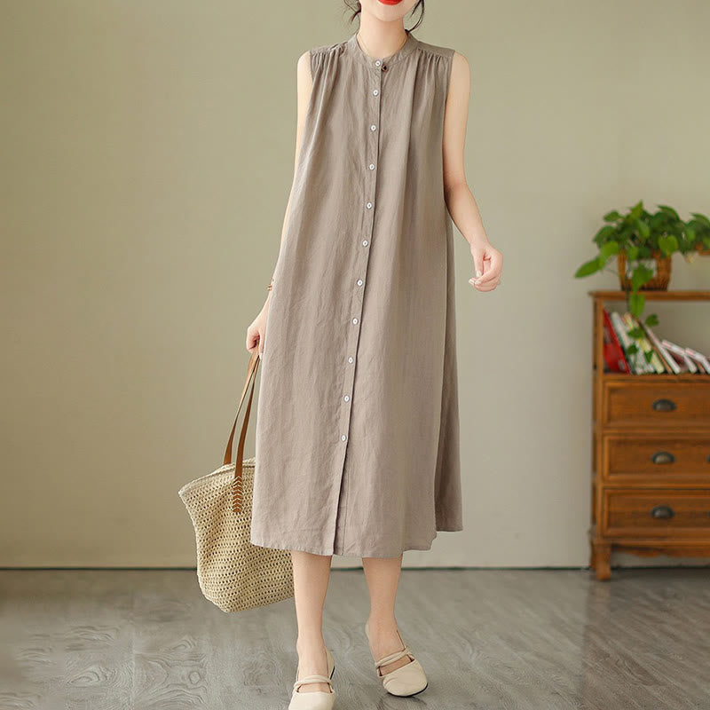 Cotton Linen Pleated Sleeveless Meditation Midi Dress
