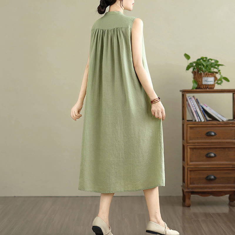 Cotton Linen Pleated Sleeveless Meditation Midi Dress