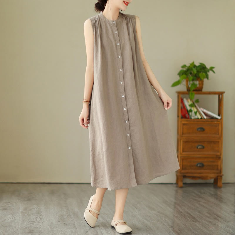 Cotton Linen Pleated Sleeveless Meditation Midi Dress