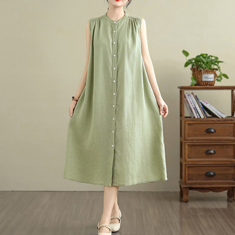 Cotton Linen Pleated Sleeveless Meditation Midi Dress