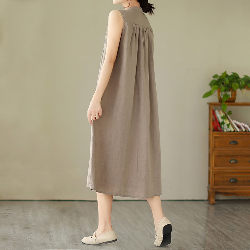 Cotton Linen Pleated Sleeveless Meditation Midi Dress