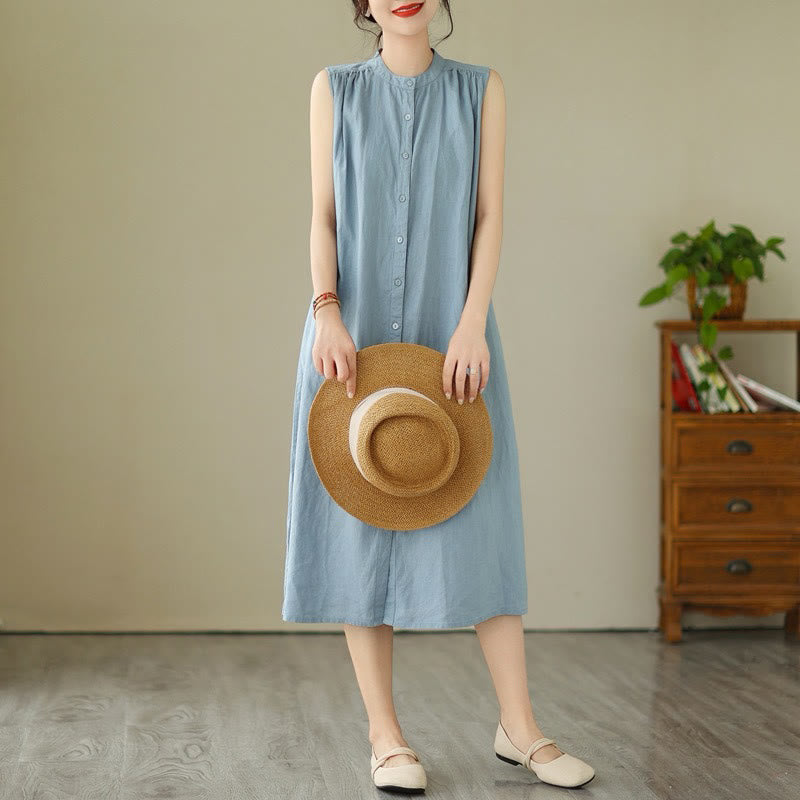 Cotton Linen Pleated Sleeveless Meditation Midi Dress