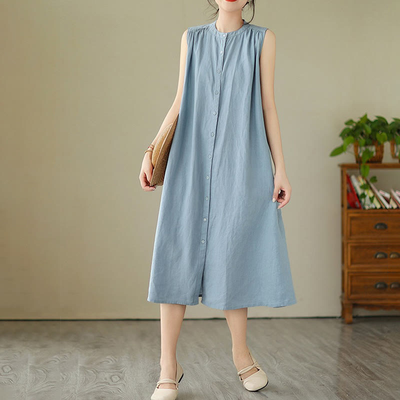 Cotton Linen Pleated Sleeveless Meditation Midi Dress