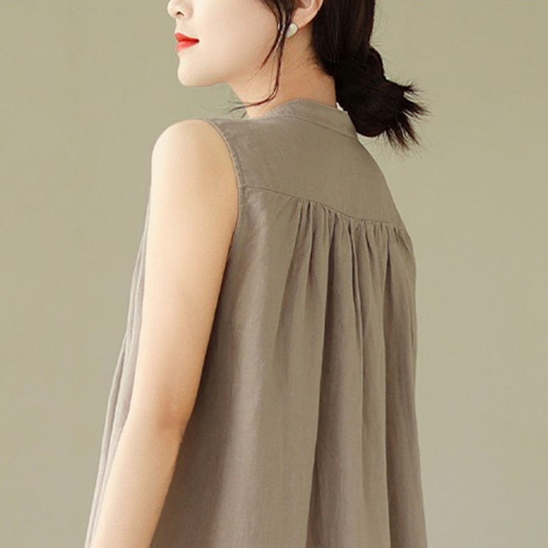 Cotton Linen Pleated Sleeveless Meditation Midi Dress
