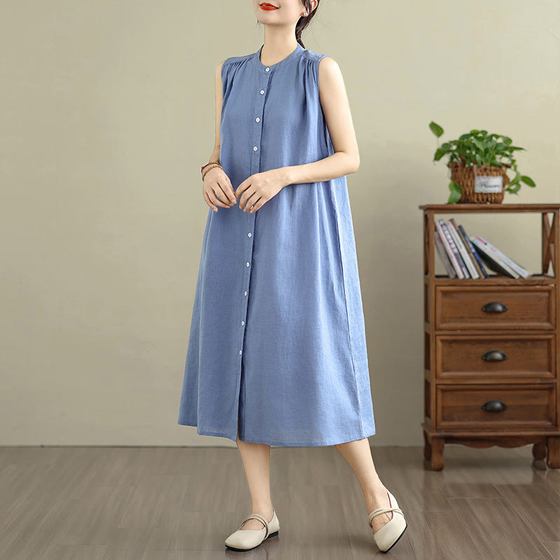 Cotton Linen Pleated Sleeveless Meditation Midi Dress