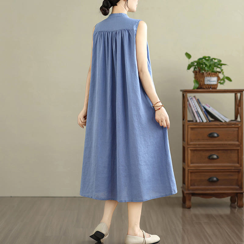Cotton Linen Pleated Sleeveless Meditation Midi Dress