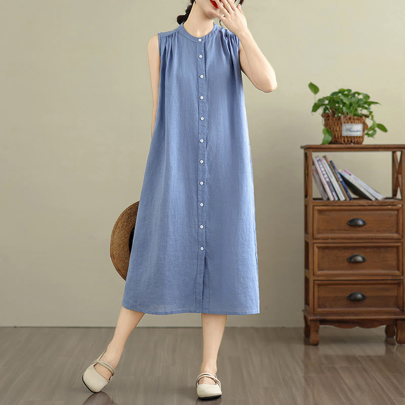 Cotton Linen Pleated Sleeveless Meditation Midi Dress