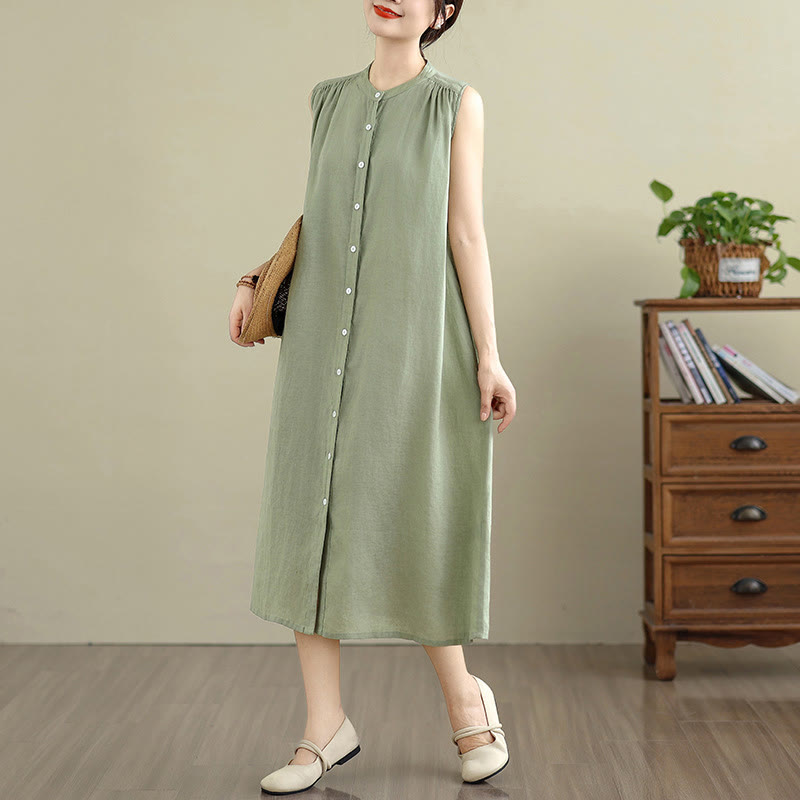 Cotton Linen Pleated Sleeveless Meditation Midi Dress
