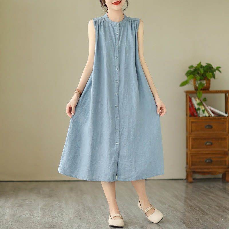 Cotton Linen Pleated Sleeveless Meditation Midi Dress
