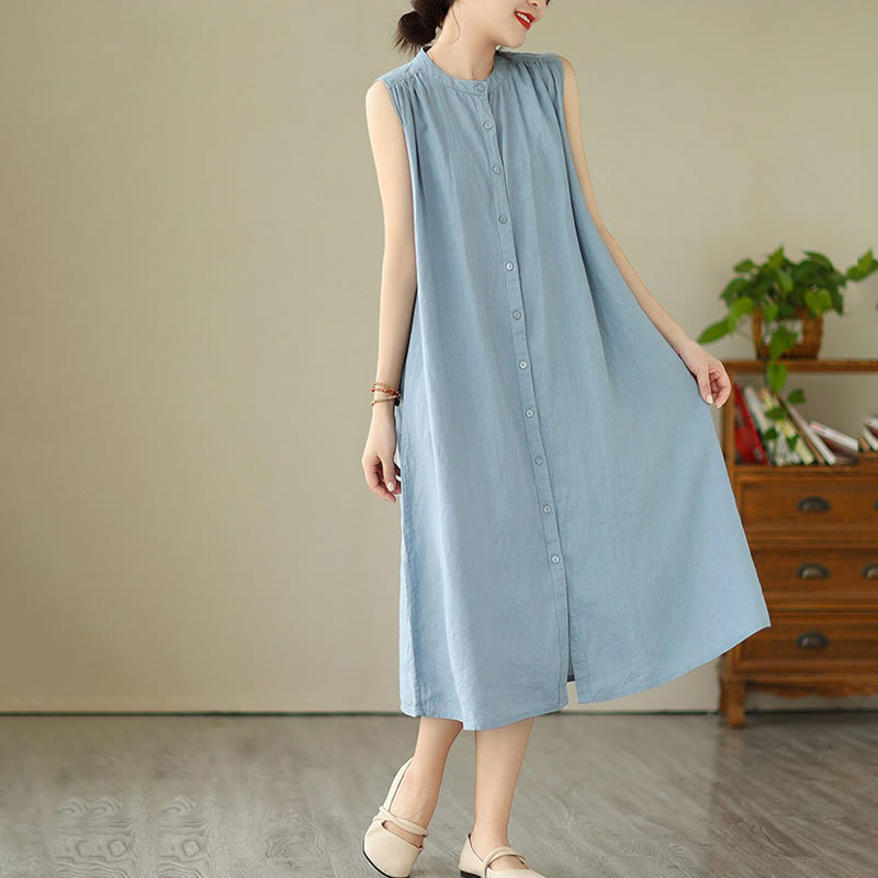 Cotton Linen Pleated Sleeveless Meditation Midi Dress