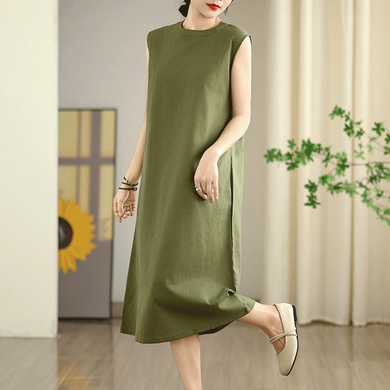 Breathable Cotton Linen Sleeveless Grounding Midi Dress
