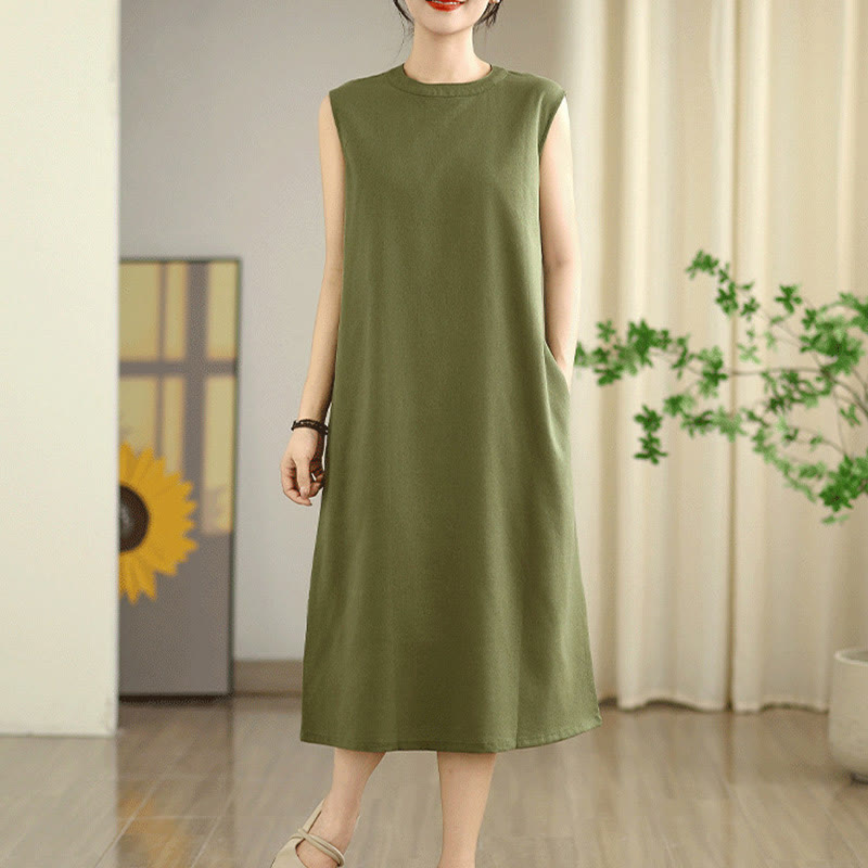 Breathable Cotton Linen Sleeveless Grounding Midi Dress